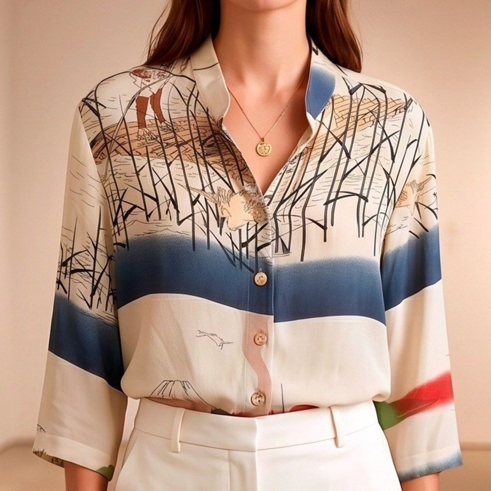 Citron Santa Monica M Silk Mt Fuji Asian Print Button Blouse Vintage Y2K Medium